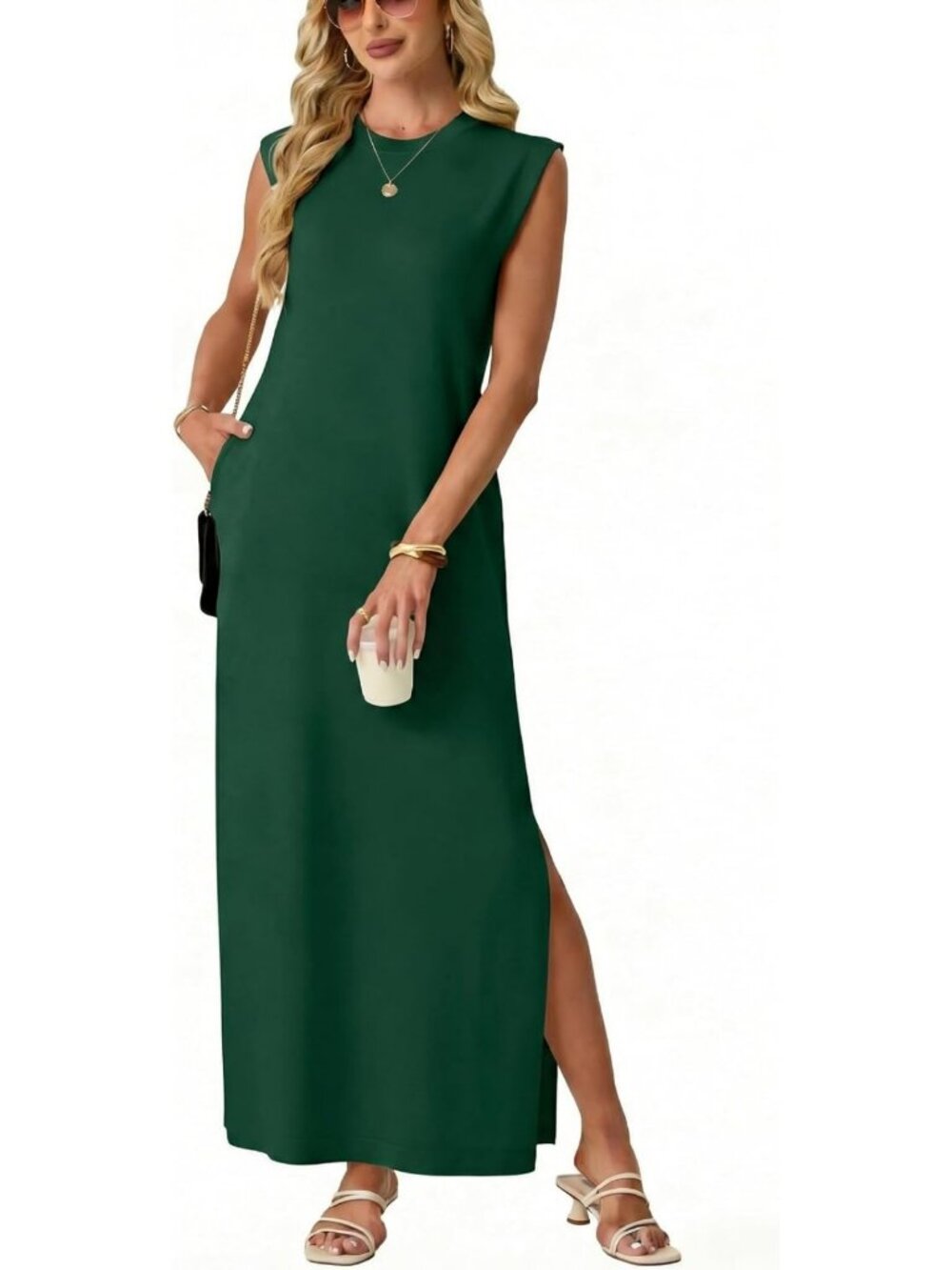 Summer Fall Maxi Dress with Pockets | Cap Sleeve, Side Slit, Anti-Pilling